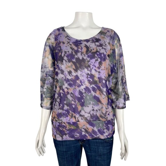 Chicos Purple Watercolor 3/4 Sleeve Double Layer Shirt 1 Medium Mesh Top Blouse - Picture 1 of 7